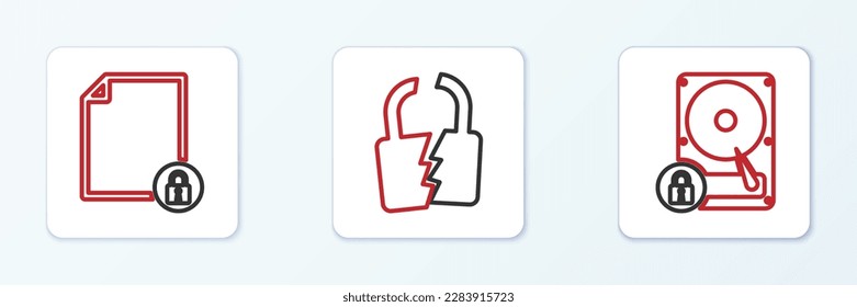 Fijar la línea Unidad de disco duro y bloqueo, Documento e icono Roto o roto. Vector