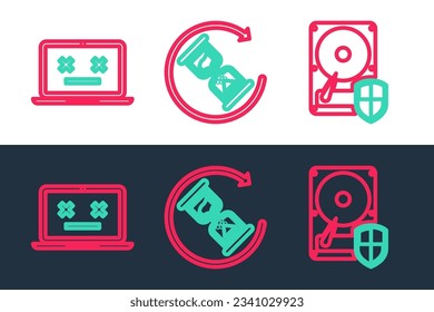 Set line Hard disk drive HDD protection, Dead laptop and Waiting icon. Vector