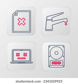 Set line Hard disk drive HDD, Dead laptop, Water tap and Delete file document icon. Vector