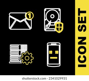 Set line Hard disk drive HDD protection, Dead mobile, Server setting and New, email incoming message icon. Vector