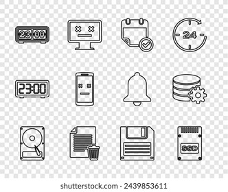 Set line Hard disk drive HDD, SSD card, Calendar with check mark, Delete file document, Retro flip clock, Dead mobile, Floppy and Setting database server icon. Vector