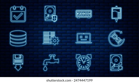 Configuración de línea Disco duro HDD sincronización actualización, Esperando, Retro flip clock, Configuración del servidor, Base de datos, Calendario con marca de verificación, Portátil muerto e icono de protección. Vector