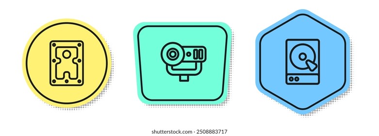 Set line Hard disk drive HDD, Web camera and . Colored shapes. Vector