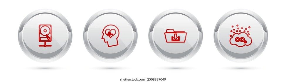 Set line Hard disk drive on sharing network, Head with heartbeat, Folder download and CO2 emissions cloud. Silver circle button. Vector