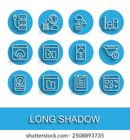 Establezca la línea Unidad de disco duro HDD, archivo que falta, servidor, servidor, informe de datos, diferentes archivos, rotos, configuración del Filtrar e ícono de transferencia de datos de tecnología en la nube. Vector
