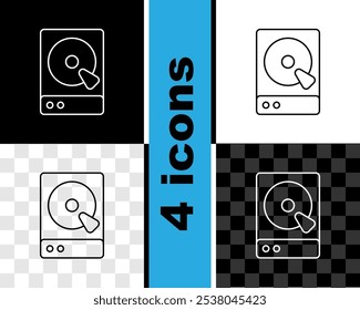 Conjunto de línea de disco duro HDD icono aislado en blanco y negro, fondo transparente.  Vector