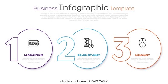 Set line Hard disk drive HDD, Case of computer and Computer mouse. Business infographic template. Vector