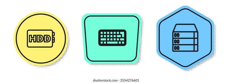 Set line Hard disk drive HDD, Keyboard and Server, Data, Web Hosting. Colored shapes. Vector