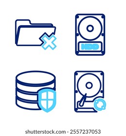 Set line Hard disk drive HDD sync refresh, Database protection,  and Delete folder icon. Vector