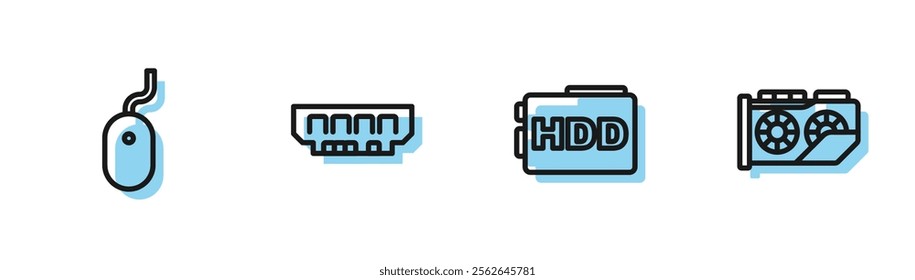 Set line Hard disk drive HDD, Computer mouse, RAM, random access memory and Video graphic card icon. Vector