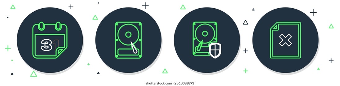 Set line Hard disk drive HDD, protection, Calendar and Delete file document icon. Vector
