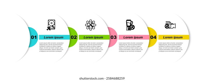 Set line Hard disk drive service, Wrench and screwdriver in gear, Blender and Video camera. Business infographic template. Vector