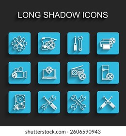Set line Hard disk drive service, Crossed screwdriver and wrench, Wrench in gear, wrenchs, screwdrivers, Laptop, Refrigerator and Radio icon. Vector