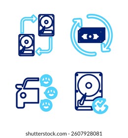 Set line Hard disk drive with clockwise, Car sharing, Refund money and Data exchange hhd icon. Vector
