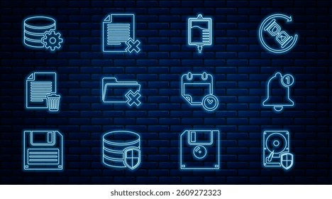 Set line Hard disk drive HDD protection, Bell, IV bag, Delete folder, file document, Setting database server, Calendar and clock and  icon. Vector