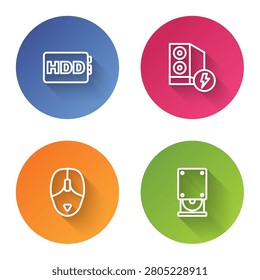 Set line Hard disk drive HDD, Case of computer, Computer mouse and Optical disc. Color circle button. Vector