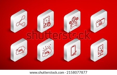 Set line Hard disk drive on sharing network, with clockwise, Car, Folder upload, Flight mode the mobile, Share, CO2 emissions cloud and Methane reduction icon. Vector