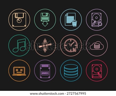 Set line Hard disk drive HDD, Cloud database, Delete file document, Kayak and paddle, Music note, tone, Floppy, Clock 24 hours and backup icon. Vector