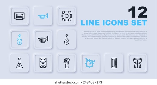 Set line Harmonica, African darbuka drum, Trumpet, Drum with sticks, Electric bass guitar, Stereo speaker,  and Guitar neck icon. Vector