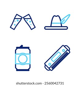 Set line Harmonica, Beer can, Oktoberfest hat and Glass of beer icon. Vector