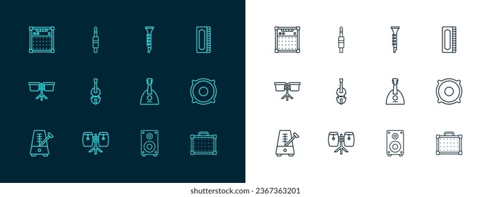 Set line Harmonica, Conga drums, Balalaika, Stereo speaker, Violin, Clarinet, Guitar amplifier and Audio jack icon. Vector