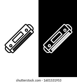 Set line Harmonica icon isolated on black and white background. Musical instrument.  Vector Illustration