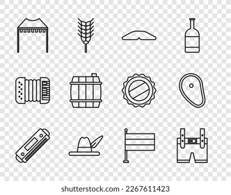 Set line Harmonica, Lederhosen, Homemade pie, Oktoberfest hat, Camping tent, Wooden barrel, National Germany flag and Steak meat icon. Vector