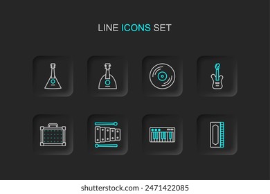 Set line Harmonica, Music synthesizer, Xylophone, Guitar amplifier, Electric bass guitar, Vinyl disk, Balalaika and  icon. Vector