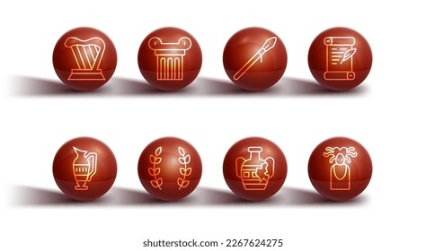Set line Harp, Ancient amphorae, Decree, parchment, scroll, Broken, Laurel wreath, column, Medusa Gorgon and Medieval spear icon. Vector