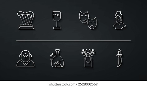 Set Linie Harfe, Zyklopen, Antike Büste Skulptur, Medusa Gorgon, Flasche Olivenöl, Weinglas, Dolch und Komödie und Tragik Masken Symbol. Vektorgrafik