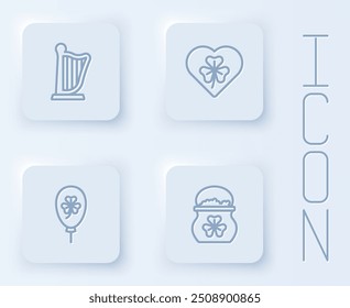 Set line Harp, Heart with clover trefoil leaf, Balloon and Pot of gold coins. White square button. Vector