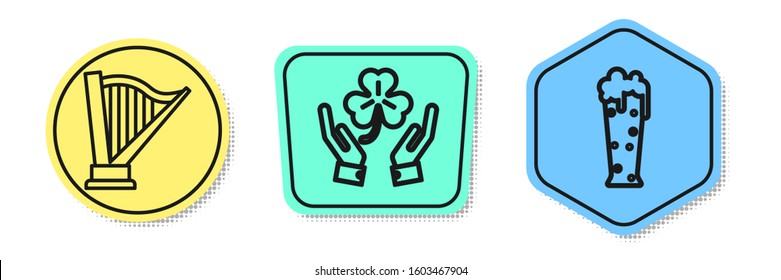 Set line Harp, Human hands holding four leaf clover and Glass of beer. Colored shapes. Vector