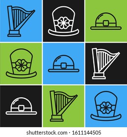 Set line Harp, Leprechaun hat and Leprechaun hat and four leaf clover icon. Vector