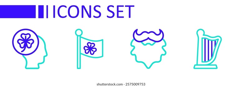 Set line Harp, Mustache and beard, Ireland flag with clover and Head trefoil leaf icon. Vector