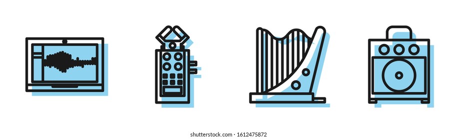 Set line Harp, Sound or audio recorder on laptop, Microphone and Guitar amplifier icon. Vector