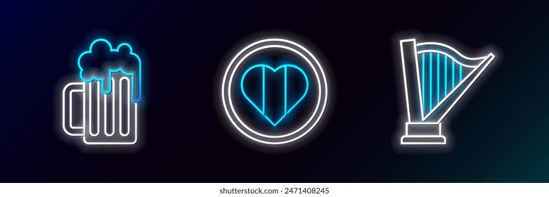 Set line Harp, Wooden beer mug and Heart and Happy Saint Patrick day icon. Glowing neon. Vector