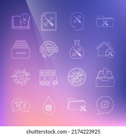 Set line Hashtag speech bubble, Download inbox, House service, Human head, Headphones with chat, Drawer documents, Interesting facts and Bioengineering icon. Vector