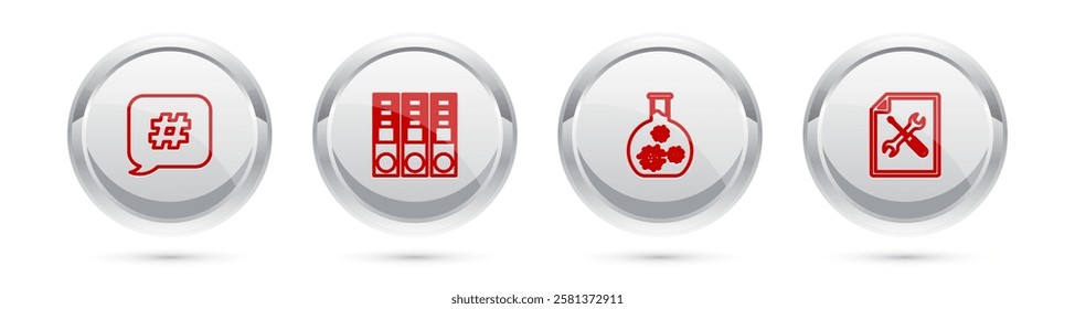 Set line Hashtag speech bubble, Office folders, Test tube with virus and File document service. Silver circle button. Vector