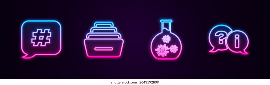 Set line Hashtag speech bubble, Drawer with documents, Test tube virus and Question and Exclamation. Glowing neon icon. Vector