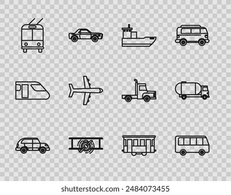 Set line Hatchback car, Bus, Cargo ship, Old retro vintage plane, Trolleybus, Plane, city tram and Tanker truck icon. Vector