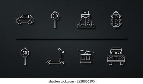Set Line Hatchback Auto, Geschwindigkeitsbegrenzung Verkehr, Verkehrsampel, Kabel, Scooter, Road Wegweiser, Auto und Frachtschiff Symbol. Vektorgrafik