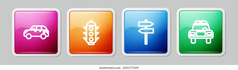 Set line Hatchback car, Traffic light, Road traffic signpost and Police and flasher. Colorful square button. Vector