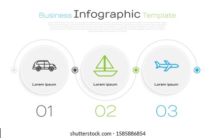 Set line Hatchback car, Yacht sailboat or sailing ship and Plane. Business infographic template. Vector