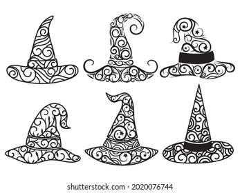 Set line hats witches  Collection colorful witchy headdresses wizards  Vector illustration hats for halloween  