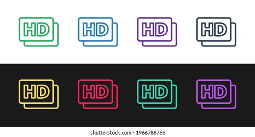 Set line Hd movie, tape, frame icon isolated on black and white background.  Vector