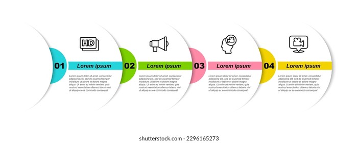 Set line Hd movie, tape, frame, Megaphone, Head with camera and Camera and location. Business infographic template. Vector