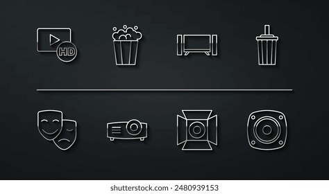 Set line Hd movie, tape, frame, Comedy and tragedy masks, Paper glass with water, Movie spotlight, Movie, film, media projector, Popcorn in cardboard box, Stereo speaker and Smart Tv icon. Vector