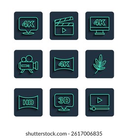 Set line Hd movie, tape, frame, 3D word, Online play video, Screen tv with 4k, Retro cinema camera, Ultra HD and Movie trophy icon. Vector