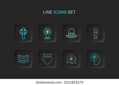 Set line Head with clover trefoil leaf, Clover, Mustache and beard, Carnival garland flags, Glass of beer, Leprechaun hat,  and Celtic cross icon. Vector