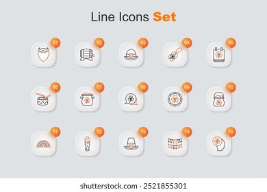 Set line Head with clover trefoil leaf, Carnival garland flags, Leprechaun hat, Glass of beer, Rainbow, Pot gold coins, Golden leprechaun and Clover icon. Vector